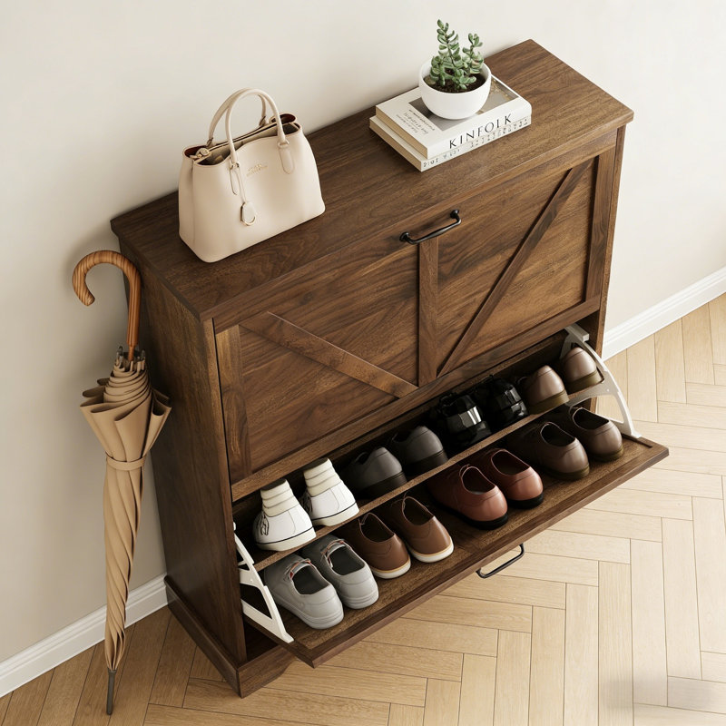 Premium Wooden Shoe Cabinet For Home, 37" H x 31.5" W x 9.5" D, Dark Brown