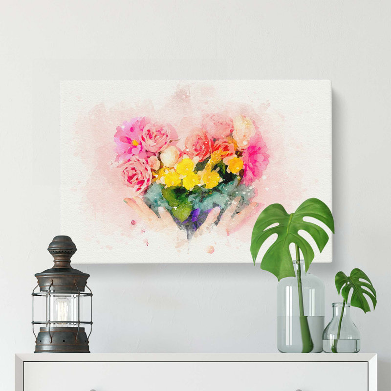 Floral Love Heart In Pink In Abstract - Wrapped Canvas Print, 50cm H x 76cm W x 3cm D