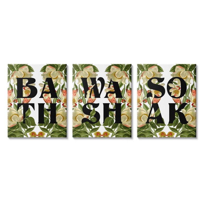 «Bath Wash Soak Floral Bathroom», ensemble d'art mural sur toile par Lil 'Rue, H 30 po x l 24 po x P 1,5 po