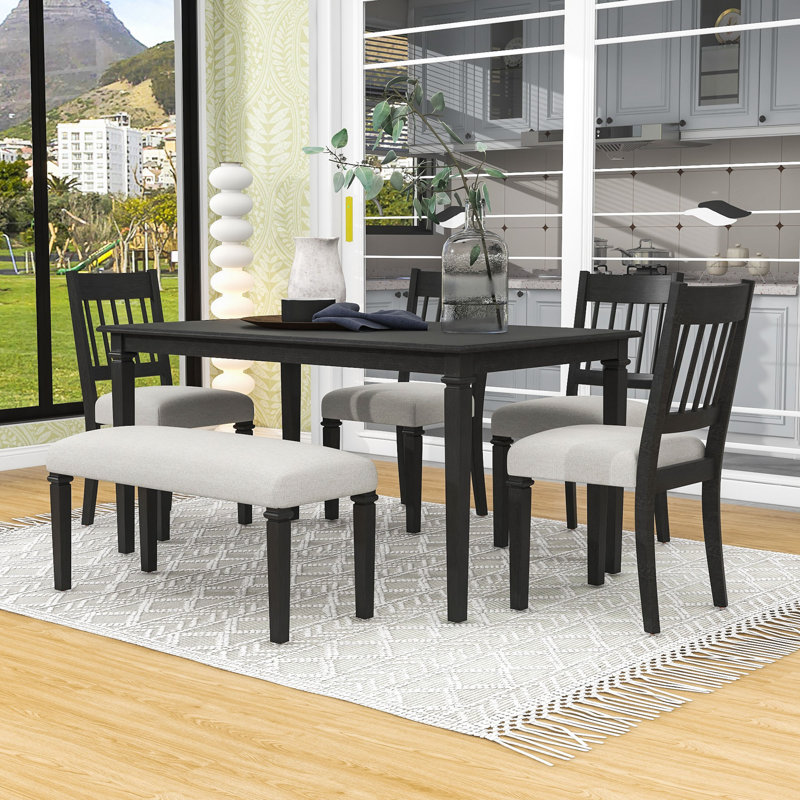 6-Piece Dining Table Set, Classic Rectangular Wood Table with Upholstered Chairs and Bench, Dovetail Gray