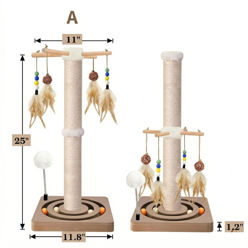 Grattoir pour chat avec 2 méthodes de fixation, tour d'arbre en sisal avec boule suspendue et rail à billes, 25 pouces