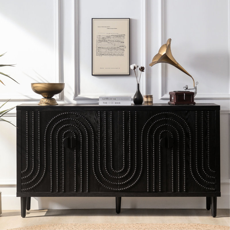 Buffet en bois avec accent noir pour armoire de chambre à coucher 4 portes Cuisine, chambre à coucher, bureau