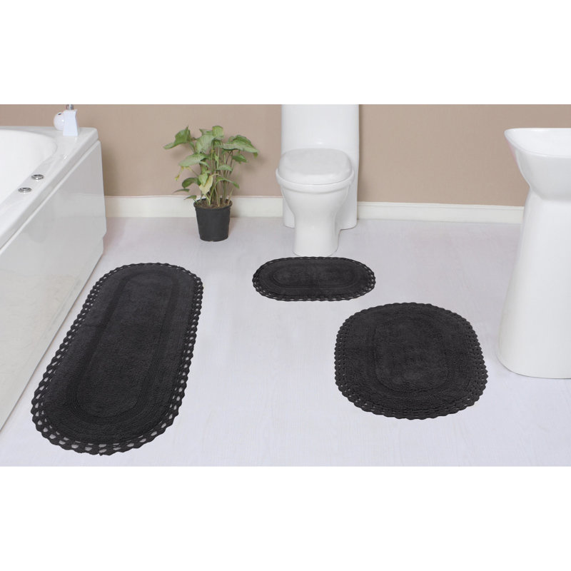 Hampton Crochet Absorbent Cotton Soft 3 Piece Bath Rug Set, Grey