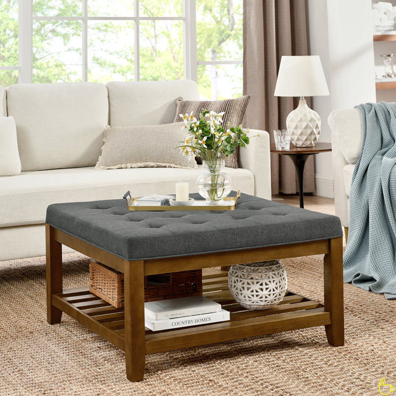 Upholstered Coffee Table Tufted Linen Large Square Ottoman With Beech Wood Shelf And Frame, Oversized Footrest Ottoman
