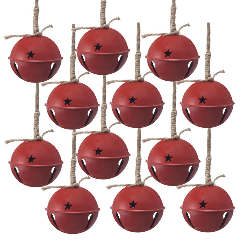 Set of 12 Red Metal Bell Christmas Ornaments
