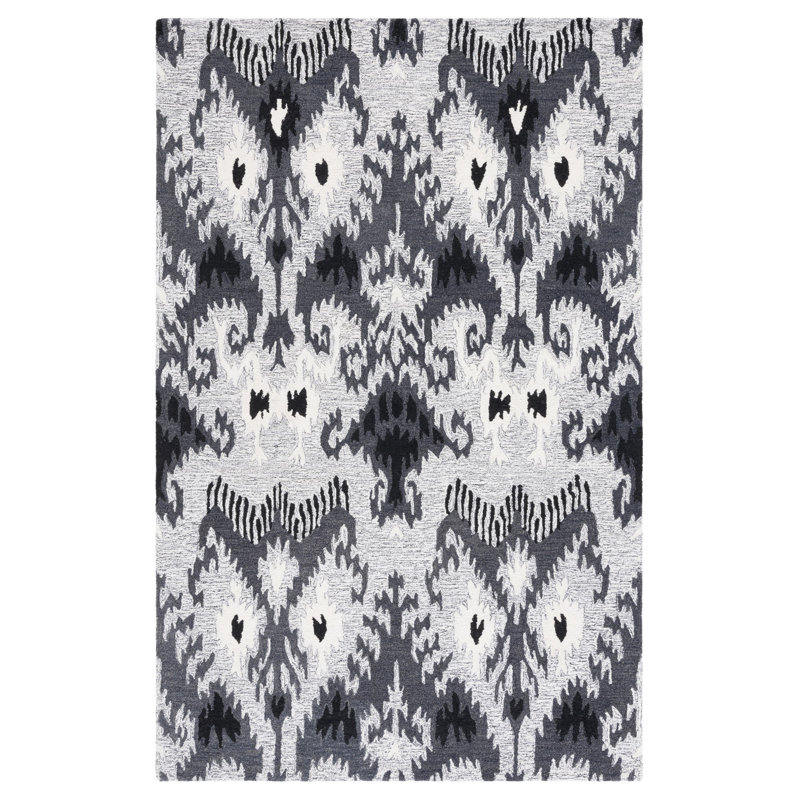 Ikat Hand Tufted Wool/Cotton Ikat Rug in Black/Gray, Rectangle 5' x 8'