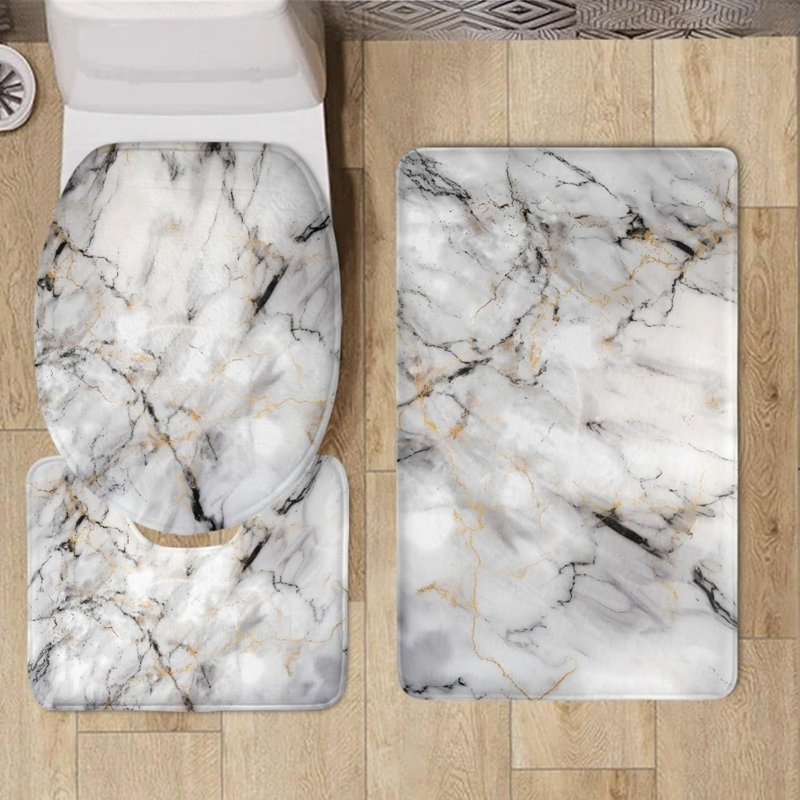 Ensemble de 3 tapis de salle de bain Marble Texture, Blanc / Gris, Abstract