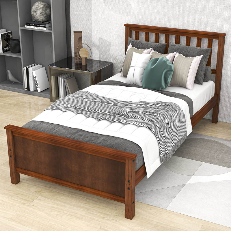 Twin Size Wooden Platform Bed with Headboard and Footboard, Walnut