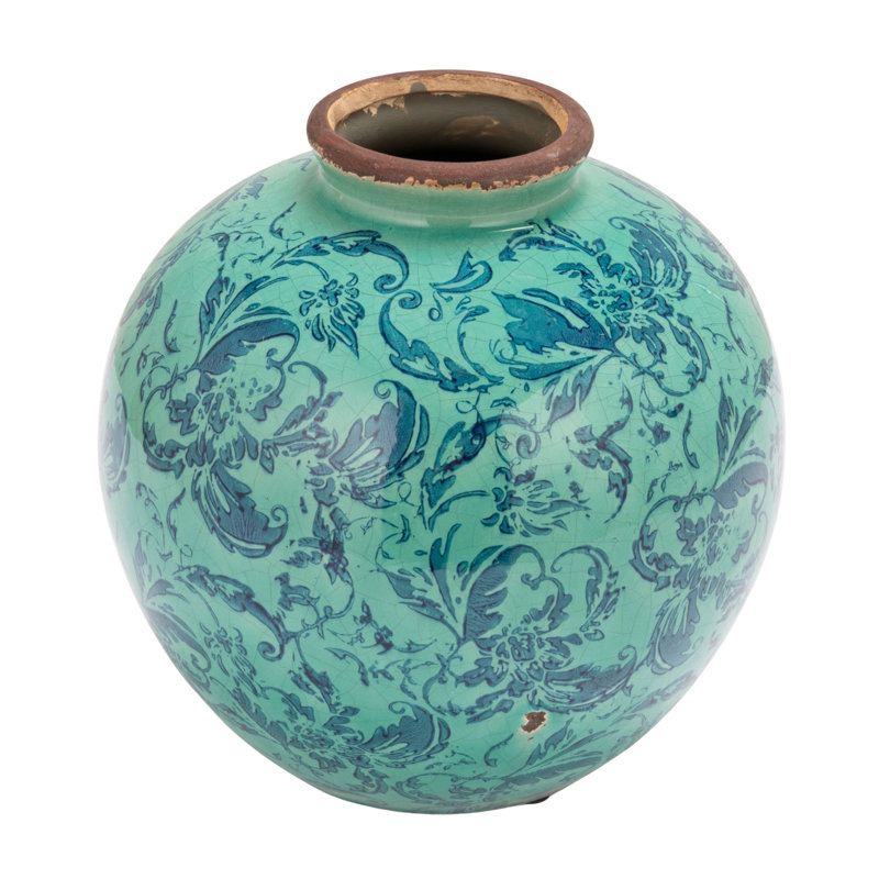 Dolohov Round Decorative Terra-cotta Vase with Transferware Pattern, Blue/Teal