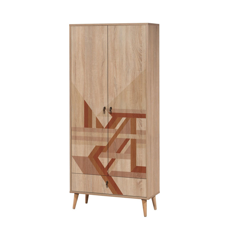 Modern Wardrobe with Wooden Legs, 31.5 x 74.8 x 17.7 inches | 100% Melamine Coated Particle Board, UV Digital Printing | Numerous Shelves, Wall-Mountable, Additional Storage | Stylish Geometric Design for Home Organization