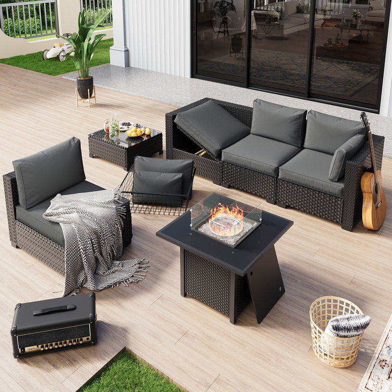 Fully Assembled Chairs, 4-Person Patio Conversation Set Black Chaise Lounge Modular Seating Outdoor Furniture With Fire Pit