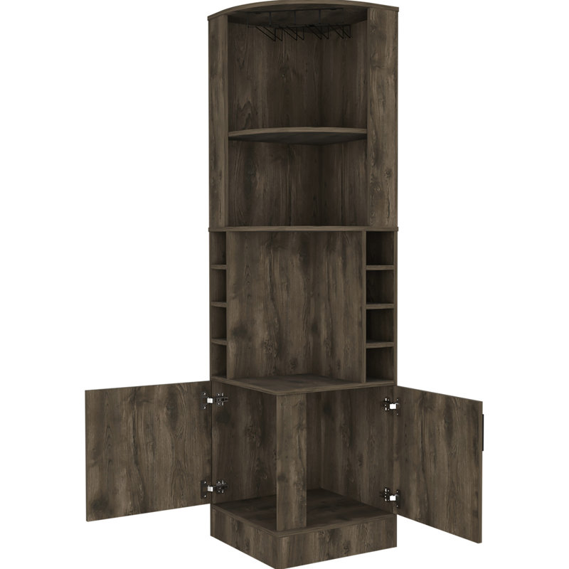 Armoire brune foncée à 8 tablettes avec espace central pour mettre en valeur les barres à 2 tablettes, rehaussant l'esthétique et la fonctionnalité