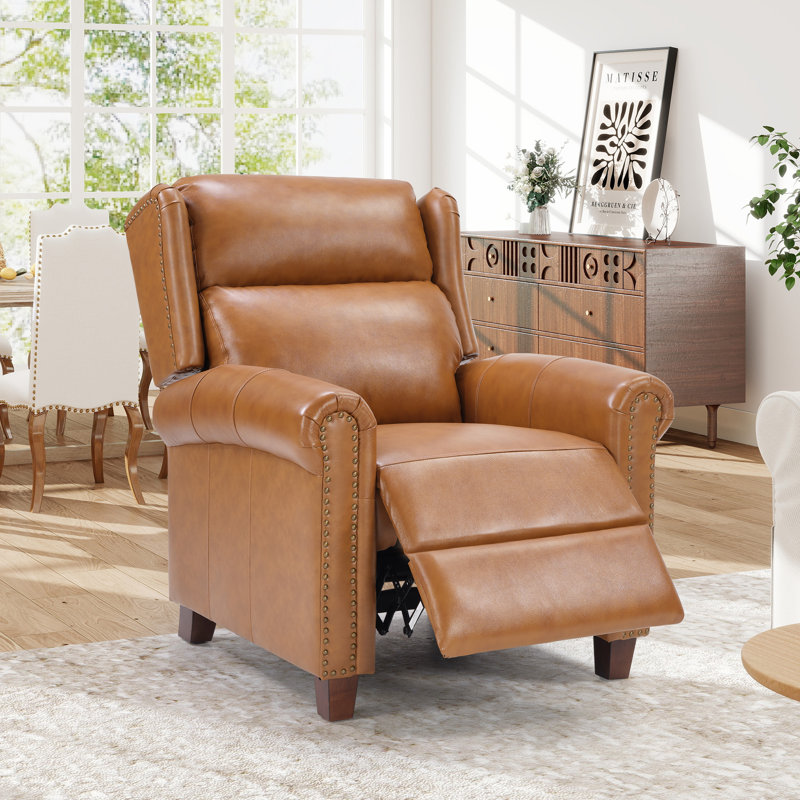 Fauteuil inclinable à oreilles avec garniture cloutée en cuir fleur 33,1 po d'épaisseur, Curcuma brun