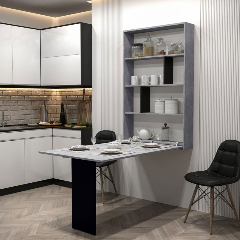 Abi Wall Mounted Drop Leaf Table With Storage In Concrete And Black Ideal For Small Spaces