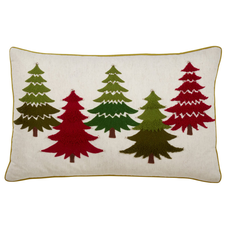 Multicolor Embroidered Christmas Trees Cotton Lumbar Pillow Cover