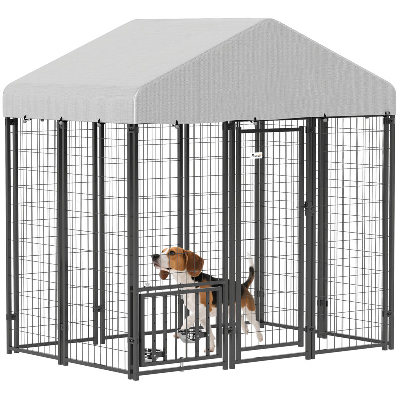 Chenil d'extérieur pour chien avec toit, clôture de parc pour chien robuste en fil soudé 5,9 pi x 4 pi x 6 pi avec bols rotatifs et réglables à 4 niveaux