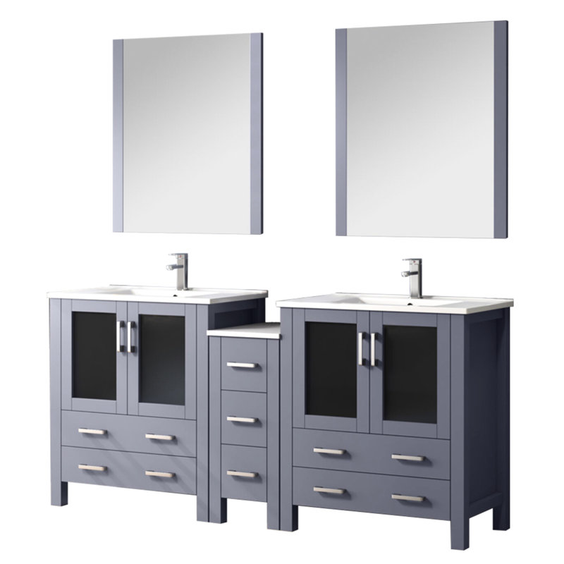 72 po Meuble-lavabo double gris foncé avec armoires latérales, robinet, 28 miroirs et comptoir en céramique gris Scratch