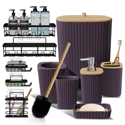 Ensemble complet d'accessoires de salle de bain 11 pièces avec accents en bambou, poubelle, brosse de toilette et 5 paniers de douche inclus
