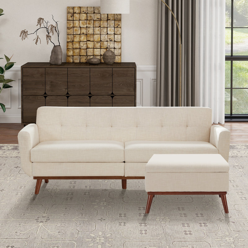 78'' Square Arms Sofa With Ottoman Tufted Upholstered Living Room Set, Beige