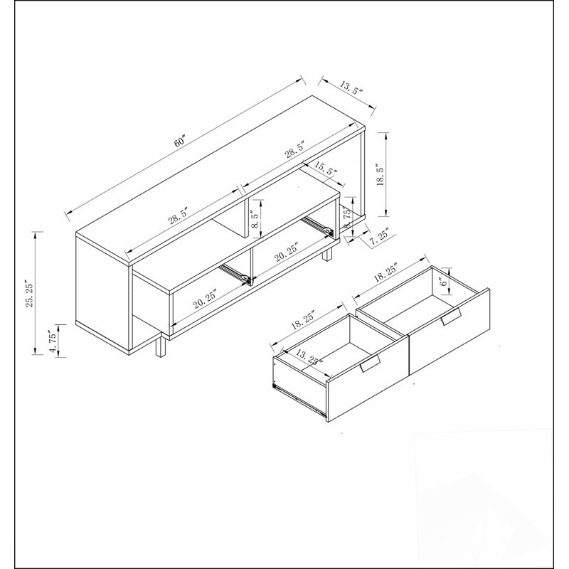 Modern TV Stand with Two Shelves and Two Drawers -, 25"H x 60"L x 15.5"W