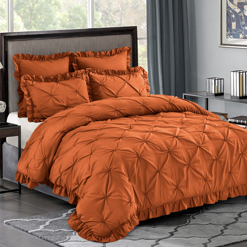 Ensemble d'édredon 5 pièces princesse romantique Pintuck, Édredon pour lit très grand + quatre taies déco, Terracotta