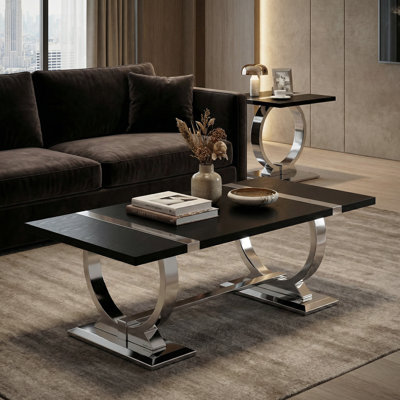 50 inch Black and Silver Coffee Table with Mirrored Chrome Stainless Steel U-Shaped Base