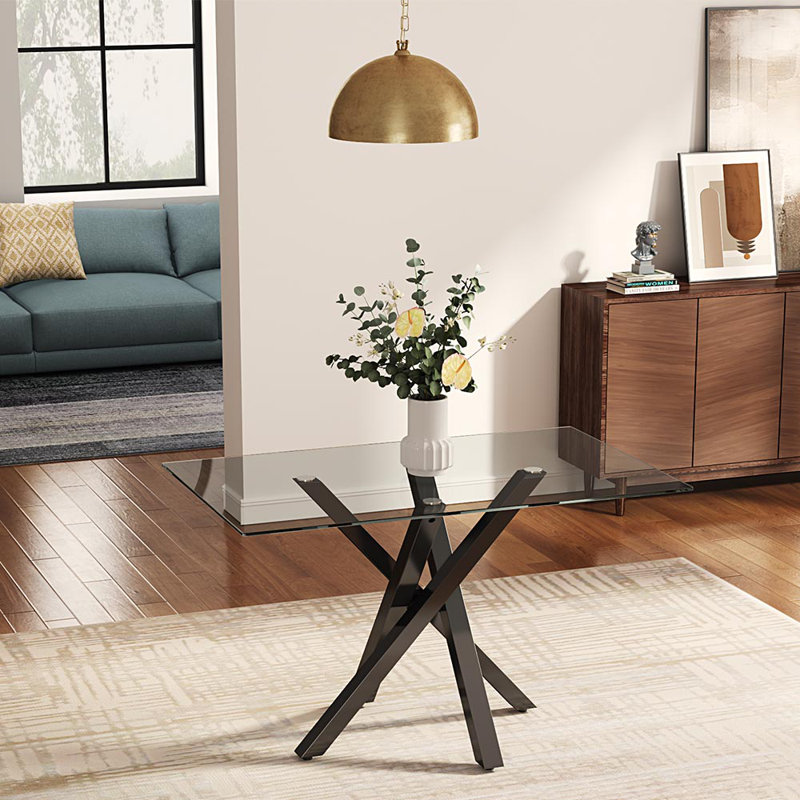 Addicus 130Cm L x 80Cm W Metal and Glass Rectangular Dining Table, Black/Clear