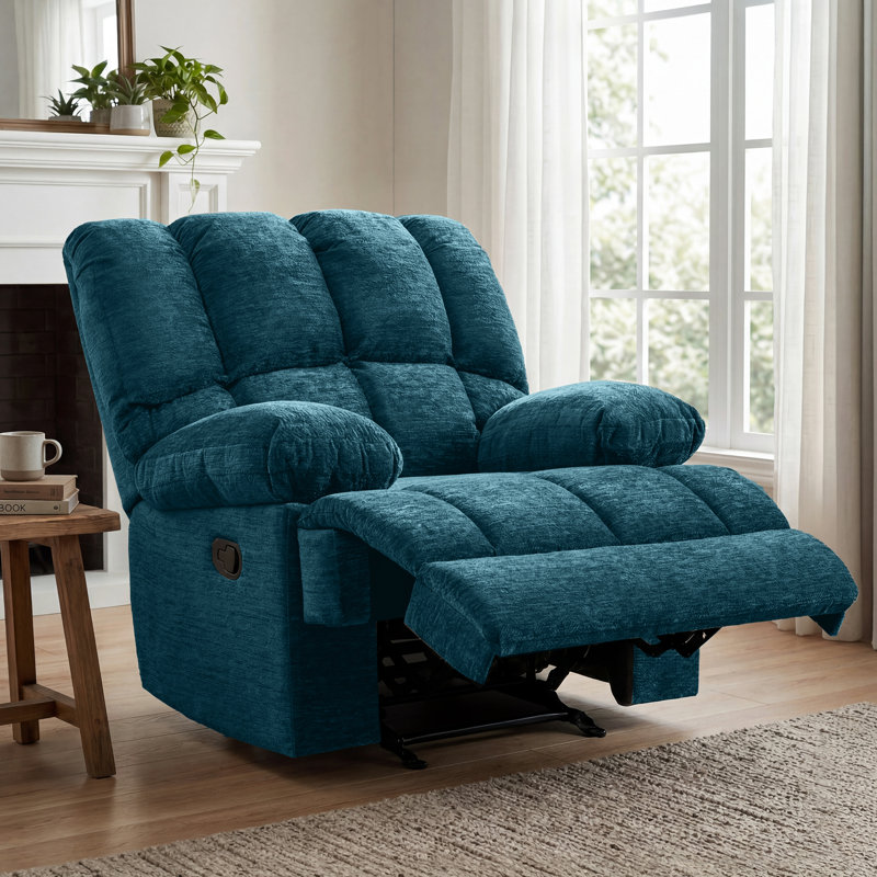 Oversized 44.5"W Upholstered Manual Rocking Recliner, Teal Chenille, 41.33" H x 44.48" W x 29.92" D