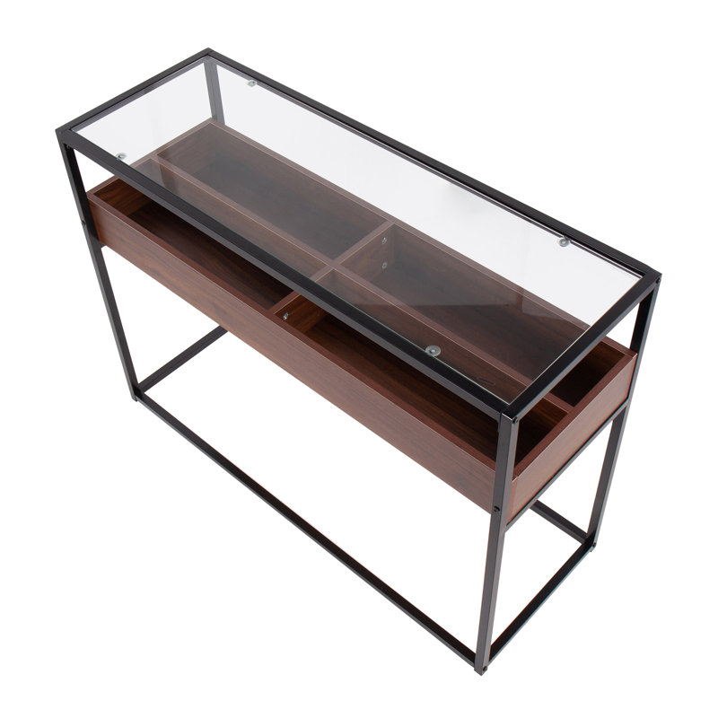 Console contemporaine avec plateau en verre trempé, compartiments en bois de noyer et structure en métal noir