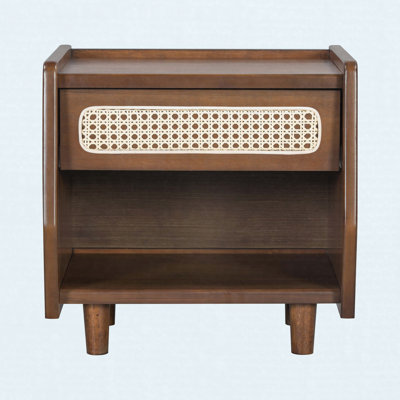 Walnut Nightstand with Rattan Detail, MDF + Solid Wood, Modern Bedroom Storage, Open Shelf & Drawer, Indoor Furniture