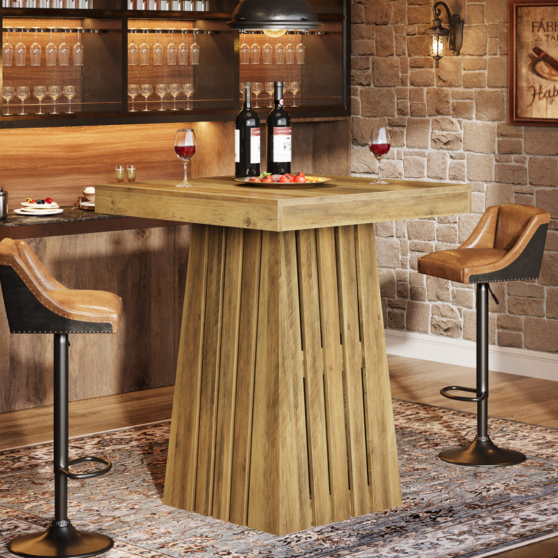 Bar Table, 37.8" H Square High Top Pub Table, Farmhouse Counter Height Home Bar Unit, Rustic Brown