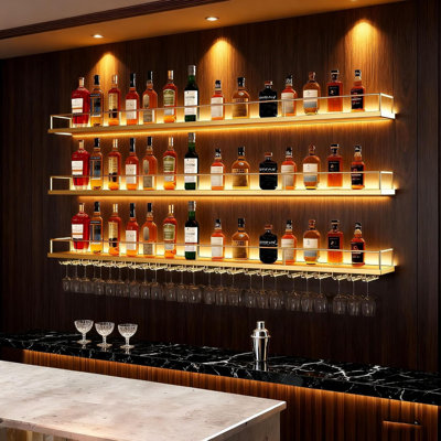 Support à vin mural en métal avec lumière DEL, tablettes flottantes à 3 niveaux pour bouteilles de boissons alcoolisées avec support en verre, tablettes à vin pour tablettes de bar à domicile (or, 100 cm / 39,3 po)