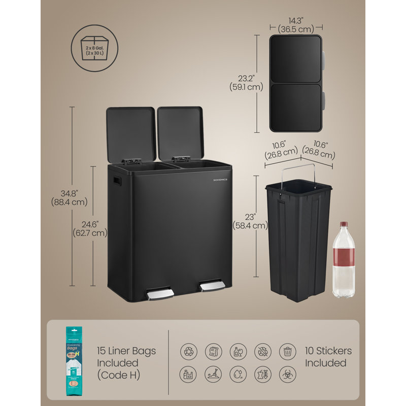 59.1×36.5×62.7cm Stainless Steel Step On Multi-Compartment Rubbish & Recycling Bin - 60L, Black