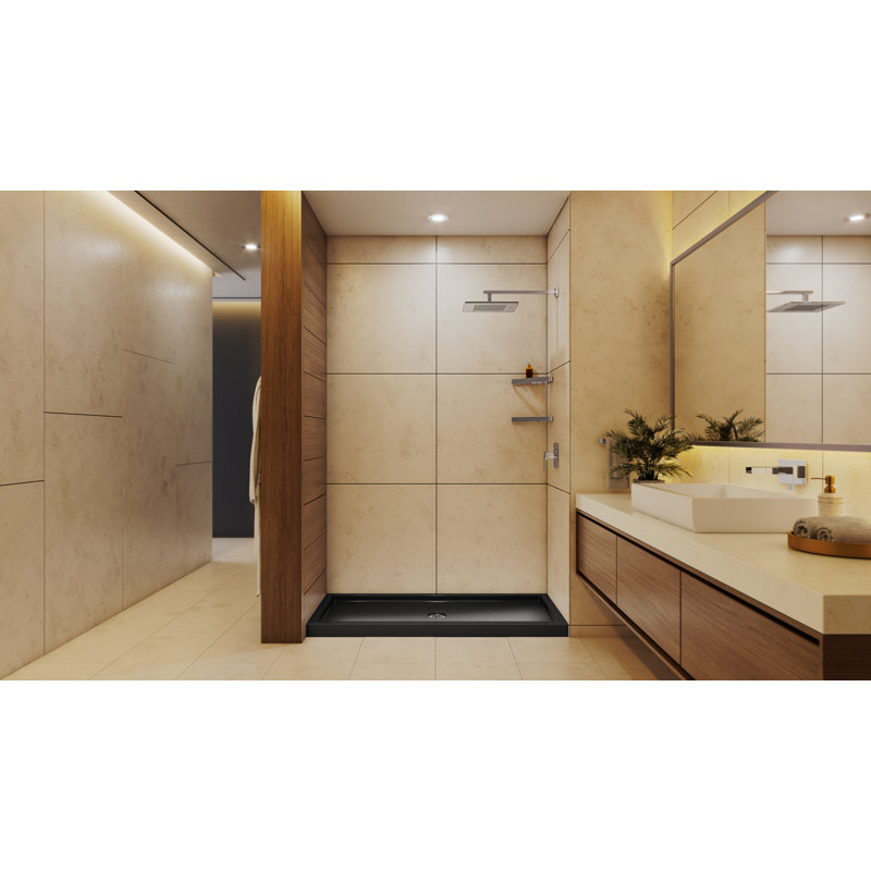 DreamLine SlimLine 32 inch D x 60 inch W x 2 3/4 inch H Single Threshold Black Alcove Shower Base with 2 inch Chrome Center Round Drain
