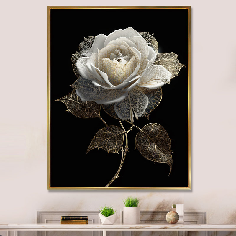 Rétro portrait de rose blanche sur fond noir sur toile, Cadre flottant doré, 40" H x 30" W