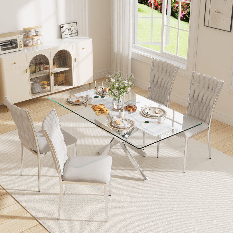 63" Rectangular Tempered Glass Table set, 5, Light Gray/Silver