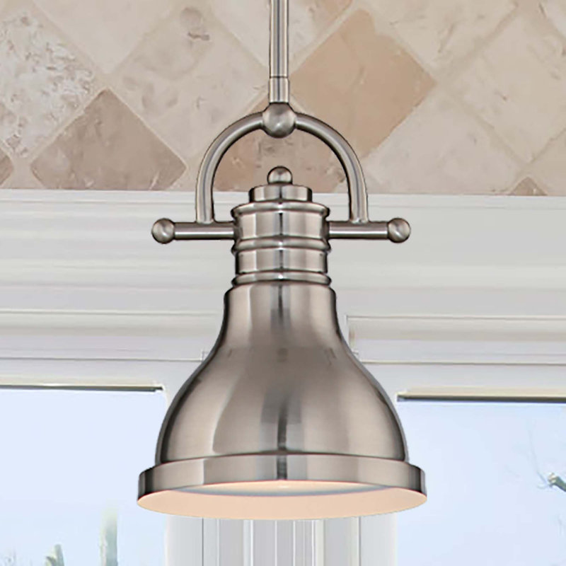 Mini-luminaire suspendu intérieur en nickel brossé à 1 lumière Abbie-J avec bol en forme de cloche de l 6,5 po, Nickel brossé