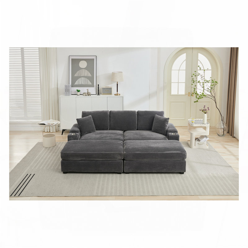 Ensemble de canapé-lit modulaire convertible modulaire combiné, rangement pour accoudoirs, porte-gobelet en acier inoxydable, USB, canapé rembourré, siège profond, salon, mezzanine, appartement, bureau, 2 couleurs