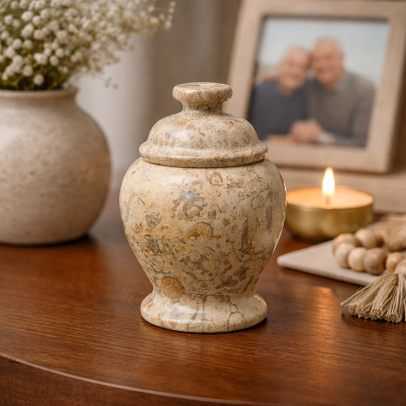 Urne de crémation décorative en marbre, fossile, H 5,25 po x l 4 po, Beige
