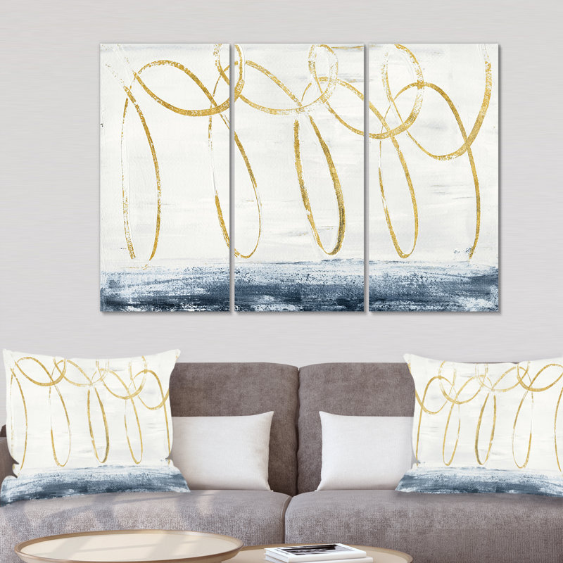 Forme géométrique abstraite dorée - ensemble de 3 reproductions d'art sur toile tendue, H 32 po x l 48 po x P 1 po