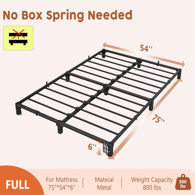 6 Inch Bed Frame, Heavy Duty Metal Platform Bed Frame with Durable Iron Slat Support and Legs, No Box Spring Required, No Screws Needed, Support Up to 800 Lbs
