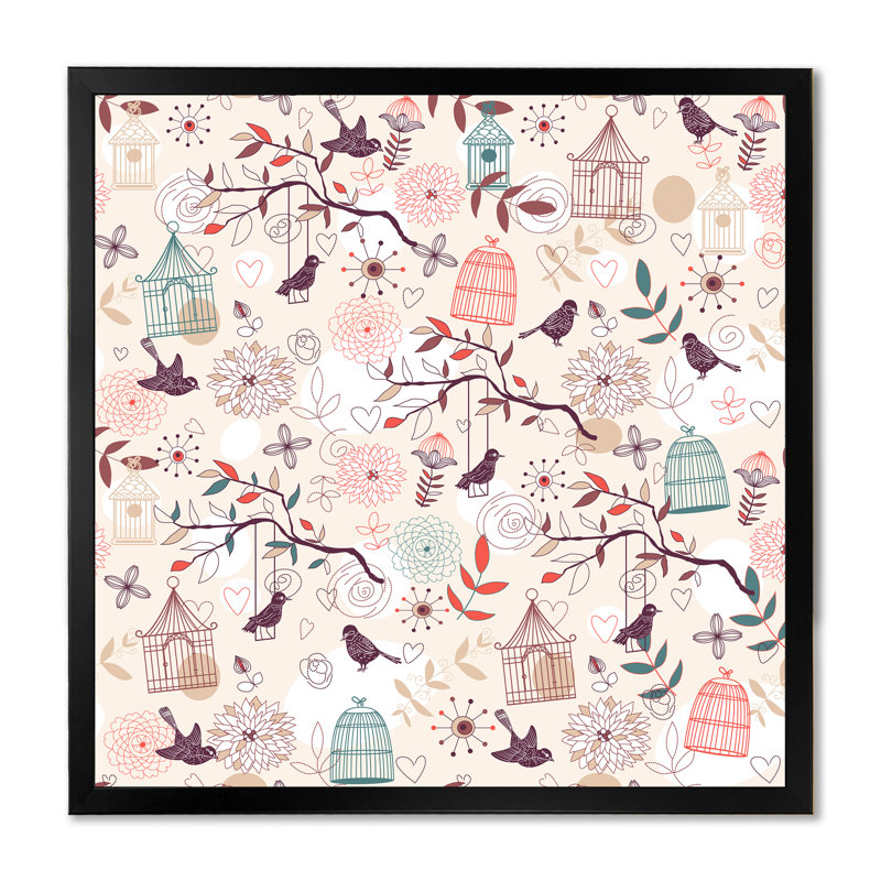 Motif d'oiseaux - peinture, Impression noire sur toile encadrée, H 16 po x l 16 po x P 1 po