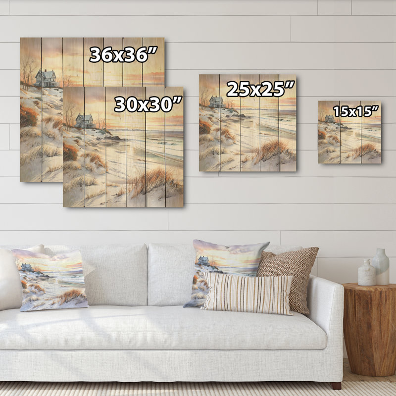«Beach Sunset Charm In Winter I - Coastal Sunset», art mural sur bois de pin naturel, H 15 po x l 15 po