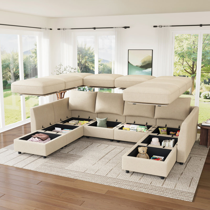  Canapé-lit modulaire en U avec siège de rangement beige, Polyester beige