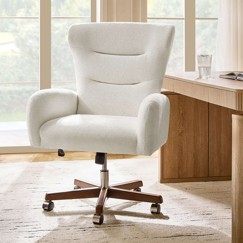 Caden Modern Chenille Simple Assembly Wingback Executive Chair with Adjustable Height and Curved Armrests, Ivory