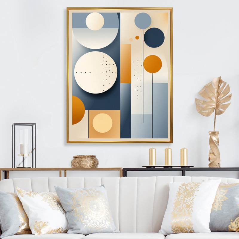 Graphique circulaire géométrique en jaune et bleu - imprimé, Cadre flottant doré, H 44 po x l 34 po x P 1,5 po