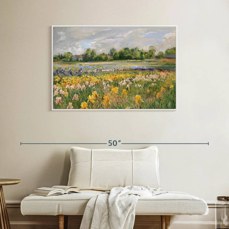 Chalets et champ d'iris, Cadre flottant blanc, 40 po x 27 po