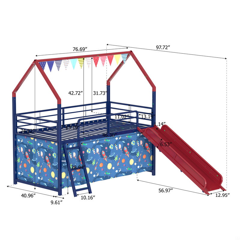 Lit mezzanine simple en métal avec glissade et rideau, Rouge / Bleu