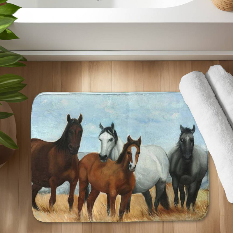 Horses in the meadow by the sun Bath Mat with Non-Slip Backing - Quick Dry Memory Foam Bathroom Rug - Absorbent - Modern Plush Spa-Style - Machine Washable