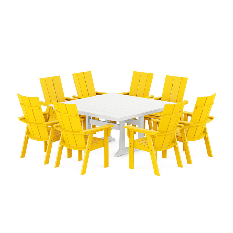 POLYWOOD Modern Curveback Adirondack 9-Piece Farmhouse Trestle Dining Set, Lemon/White, 9 Pieces: Table, 8 Chairs